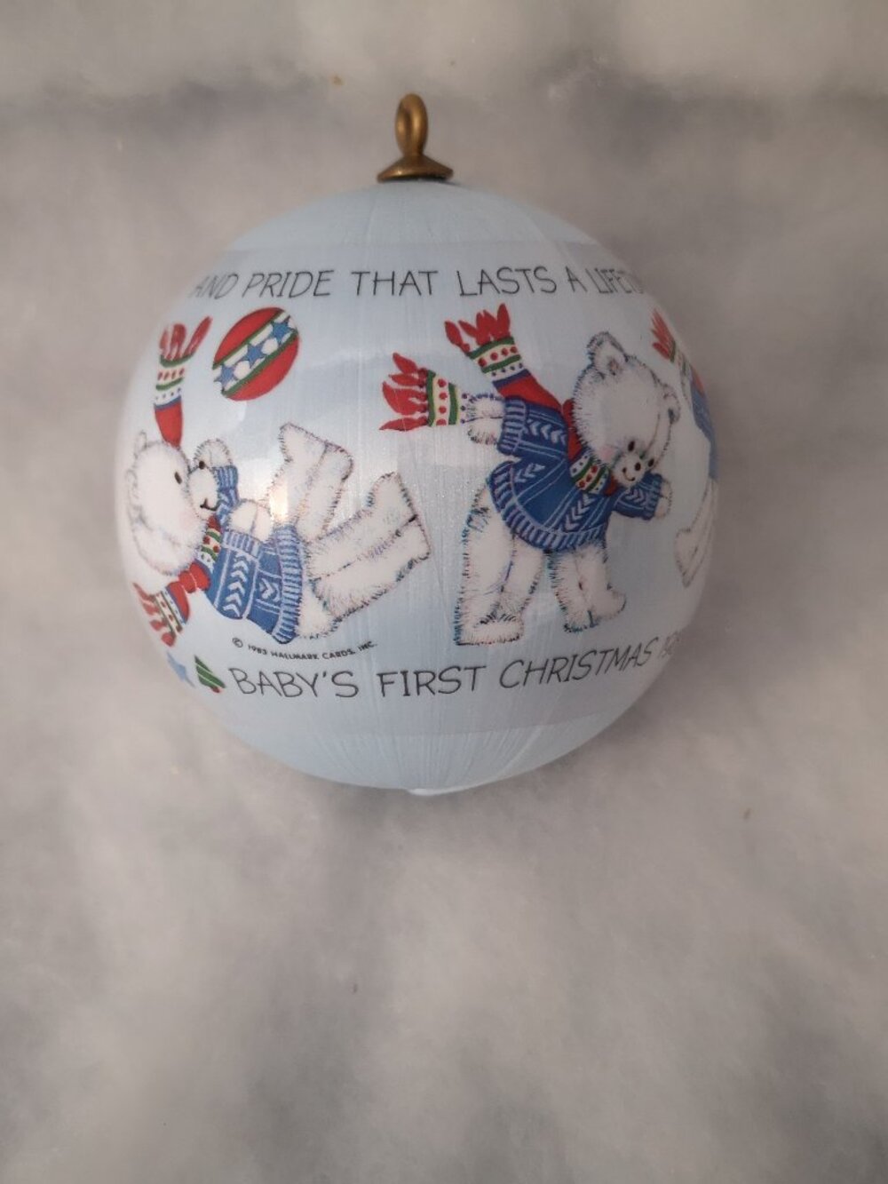Hallmark 1983 Baby's First Christmas Satin Ball Ornament Blue w/ Tumbling Bears